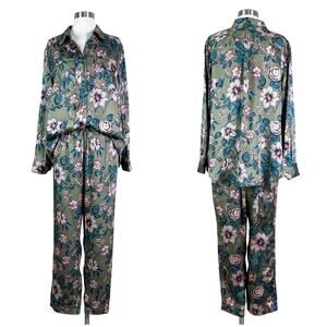 NEW Lauren Ralph Lauren | Olive Floral Print Matching Set Satin Blouse Pants